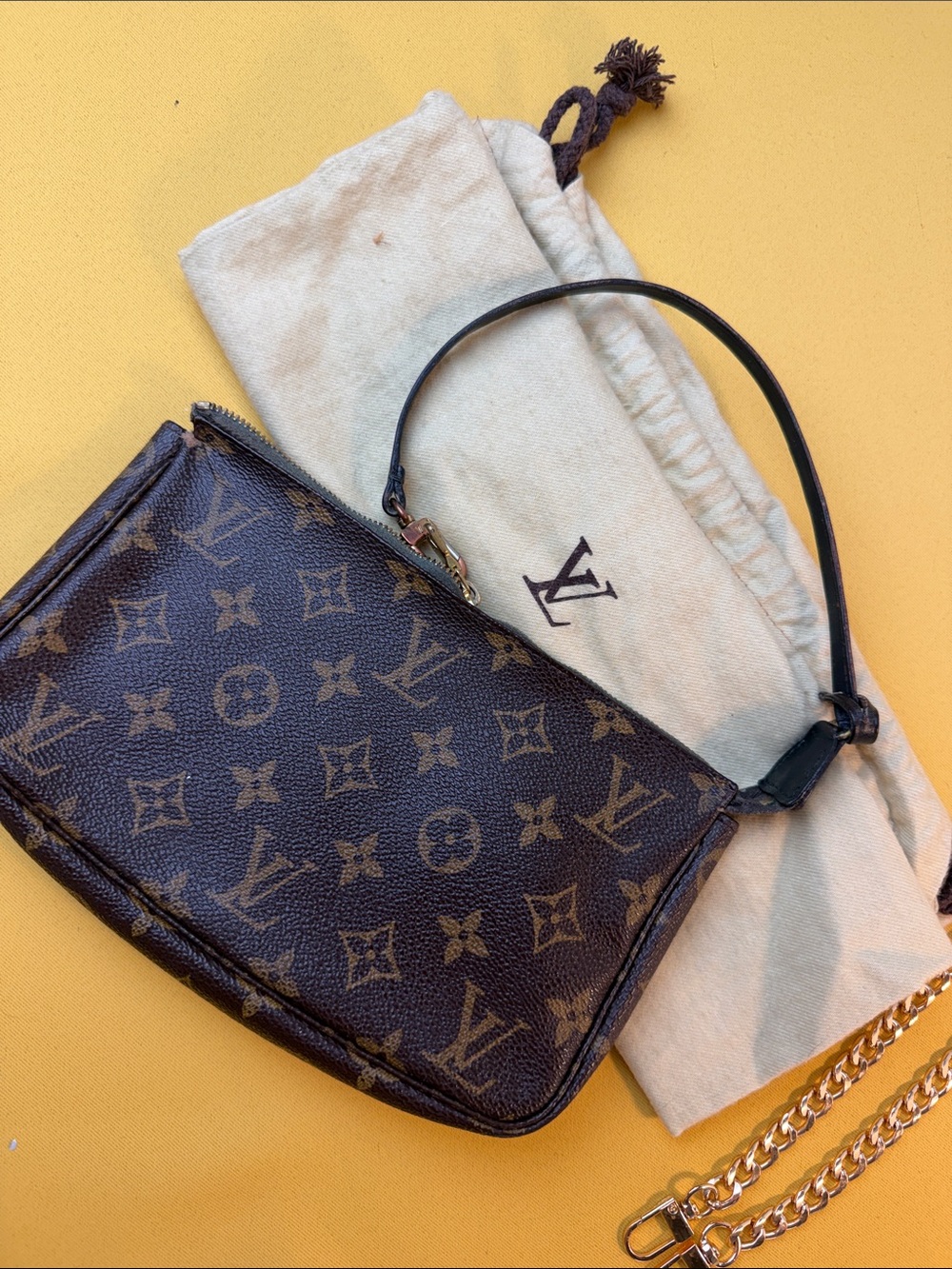 Louis Vuitton Brown Monogram Wristlet Pouchette Mini Vintage Canvas